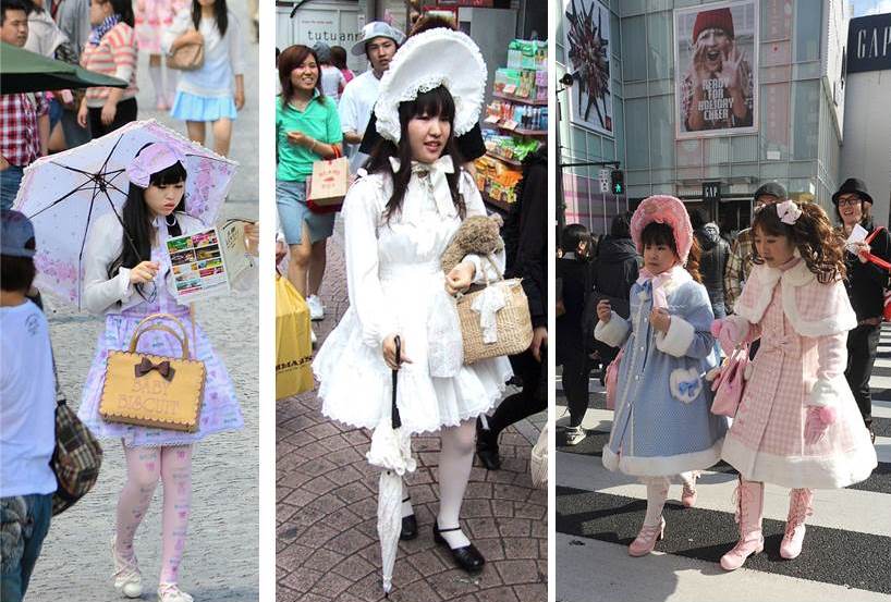 Três imagens mostram garotas japonesas adeptas do estilo de moda Lolita